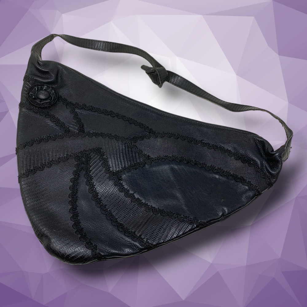 Vintage Charles Klein Italy Unusual Black Leather Triangle Purse Sling Bag